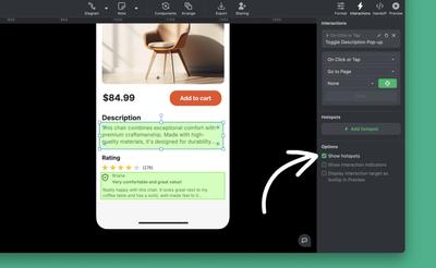 Moqups 'Show hotspots' option in the Interactions Panel