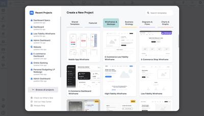 Moqups in app modal showing wireframe templates