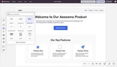 Balsamiq editor with a low-fidelity wireframe template