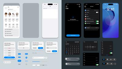 Showcase of iOS 26 UI kit components in light and dark modes, including screens for sharing, forms, settings, alerts, buttons, date picker, and navigation elements.
