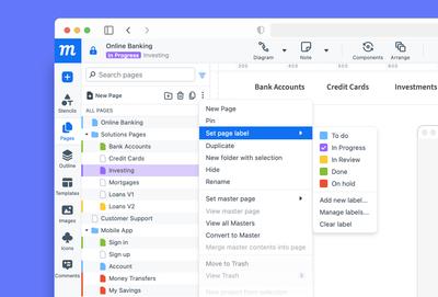 The Moqups pages panel with a page selected and the page labels menu open.