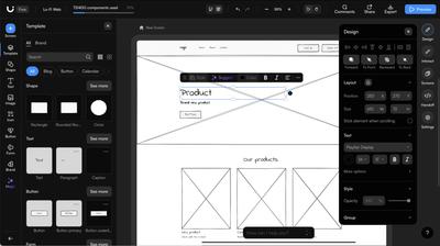 Uizard editor with a low-fidelity wireframe
