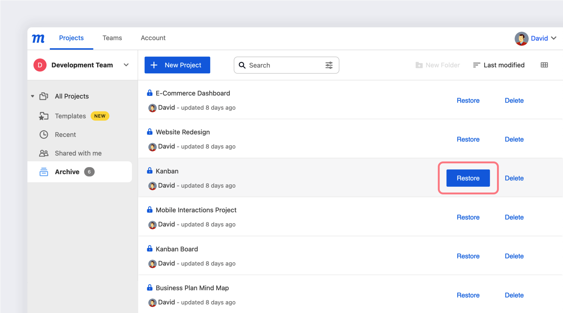 Archive, delete, recover projects - Restore Project